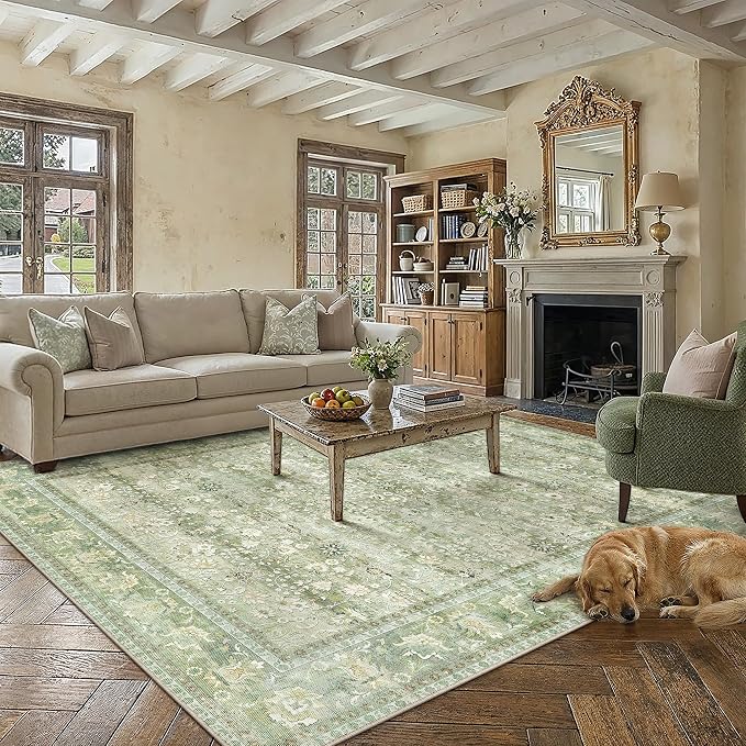 HUGEAR 9x12 Machine Washable Rugs Light Green Hallway Large Area Rug Indoor Accent Rug Floral Low Pile Carpet Soft Throw Aesthetic Rug Bedroom Living Room Office Dining Room Kitchen Laundry Room