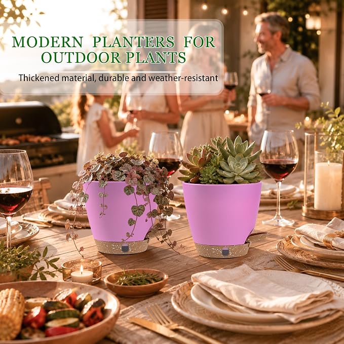 6 Inch Self Watering Pots for Indoor Plants(5-Pack) – Small Plastic Planters with Water Level Window, Drainage Holes & Trays, Indoor Outdoor Flower Pots for Herbs, Snake,Pothos (Dusty Rose/Pink)