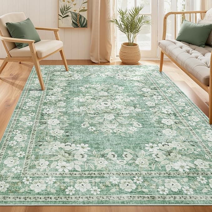 GarveeHome 3x5 Floral Rug for Dining Room Vintage Floral Floor Carpets | Boho Flower Accent Mat Machine Washable Non-Slip Botanical Bordered Rug for Living Room Bedroom Nursery Room Sage Green