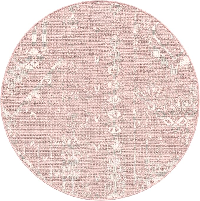 Unique Loom Outdoor Bohemian Collection Area Rug - Anthro (4' 1" Round, Pink/ Ivory)