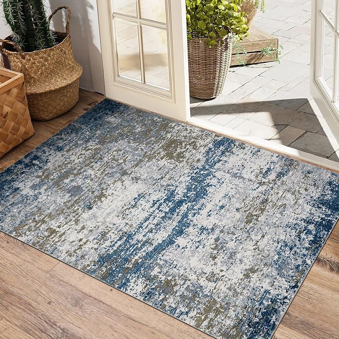 ROYHOME Modern Abstract 2x3 Area Rug Non Slip, Navy | Non Shedding Low Pile Stain Resistant Rug for Entryway Kitchen Bedroom