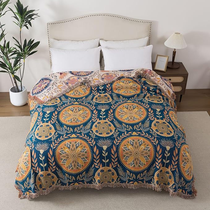Phuryllic Boho Throw Blanket Queen Size, Soft Cozy Cotton Muslin Quilt Blanket for Bed Decor, Floral Patterned Couch Sofa Chair Cover, Vintage Farmhouse Cottage Tapestry Woven Blanket, Beige&Blue