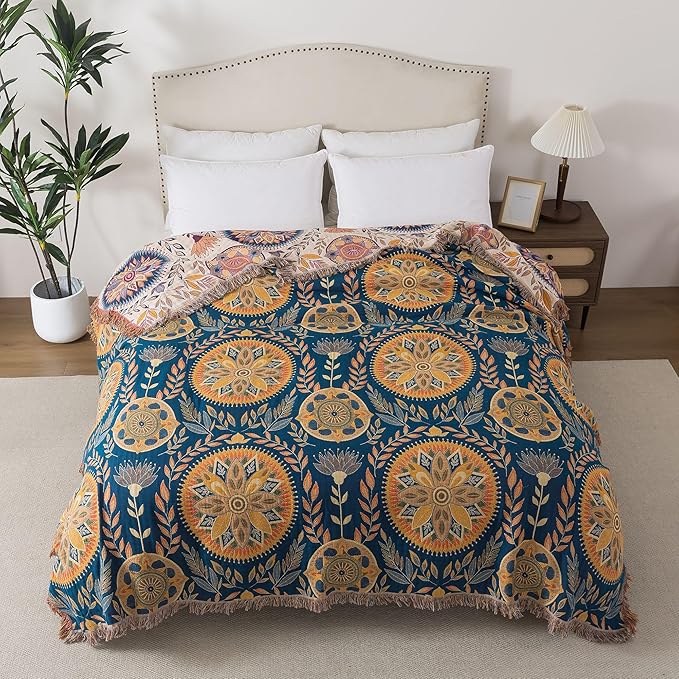 Phuryllic Boho Throw Blanket Throw Size, Soft Cozy Cotton Muslin Quilt Blanket for Bed Decor, Floral Patterned Couch Sofa Chair Cover, Vintage Farmhouse Cottage Tapestry Woven Blanket, Beige&Blue
