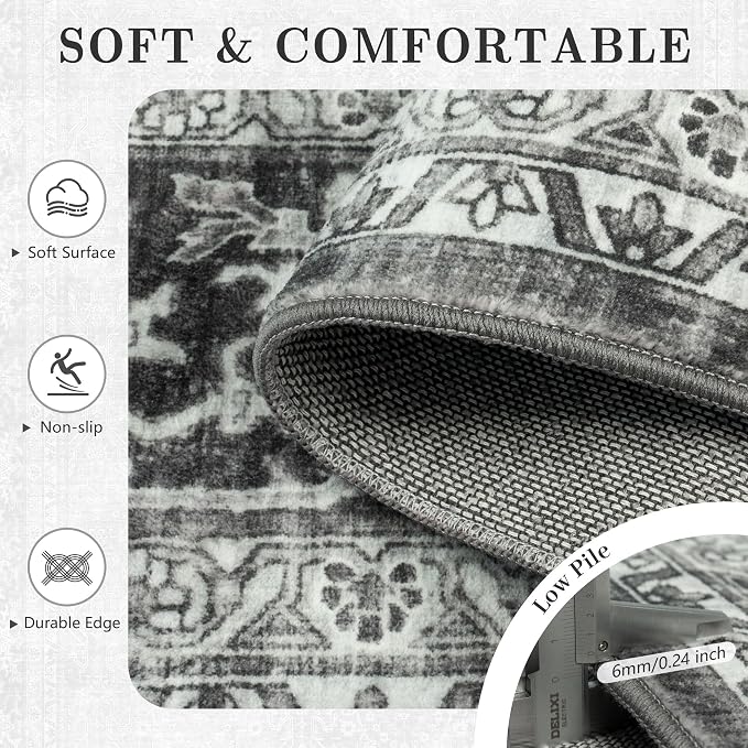 8x10 Area Rugs for Living Room - Washable Vintage Retro Large Rug, Soft Ultra Thin Non Slip Low Pile Traditional Distressed Boho Carpet for Bedroom Dining Room Home Office, Black Grey