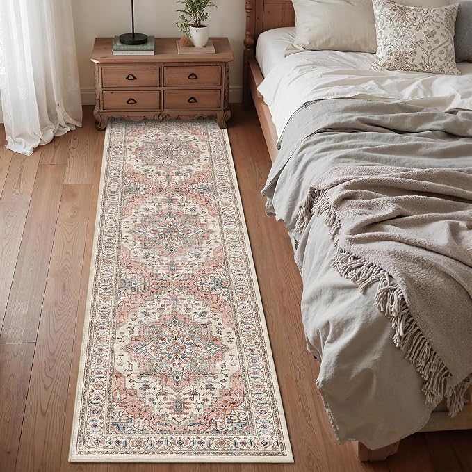 2x8 Vintage Runner Rug Low Pile Non-Slip Washable Hallway Rug | Retro Distressed Print Rug Non-Shedding Beige Pink Carpet Stain Resistant Long Rug for Hallway Kitchen Bedroom Laundry Room