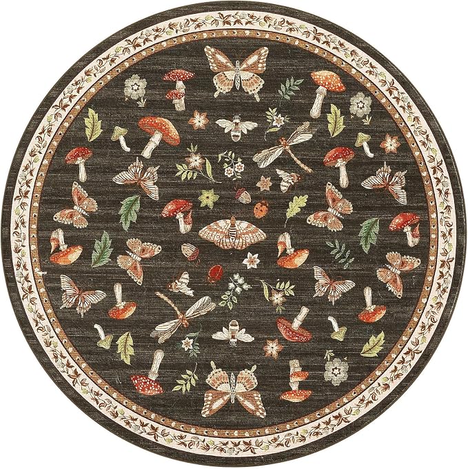 Mushroom Insect 5ft Round Rug Washable Non-Slip Soft Ultra-Thin Small Boho Circle Carpet for Entryway Kitchen Bedroom Nursery Dining Room Brown