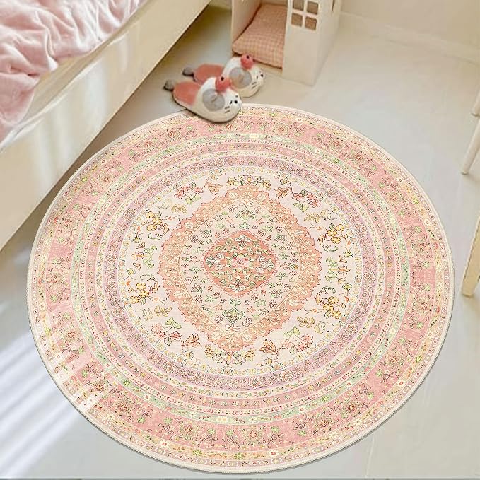 Round Area Rugs 4ft Washable,Pink Rug for Living Room Bedroom | Circle Boho Vintage Bohemian Distressed Farmhouse Carpet Non Slip for Dining Room,Blush Floral