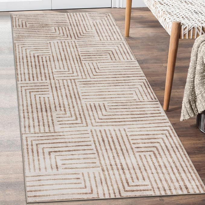 Machine Washable Area Rug Runner - Living Room Bedroom Bathroom Kitchen Entryway Office - Non-Slip Baking Low Pile Stain Resistant Premium - Modern Geometric - Finn - Beige 2'6" x 8'