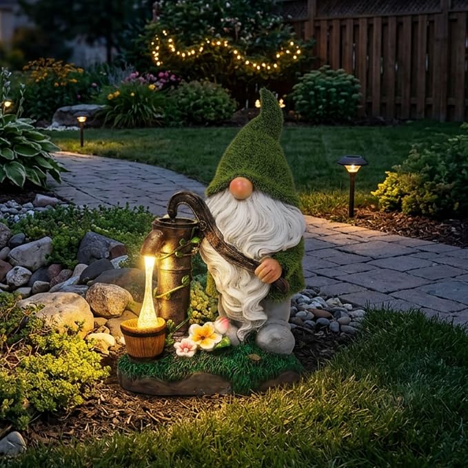TERESA'S COLLECTIONS Garden Outdoor Decor, Garden Gnomes Decor with Solar Lights, St Patricks Decorations for Outdoor Decor, Waterproof Resin Decorations for Porch Patio, Gift for Dad and Mom, 10"