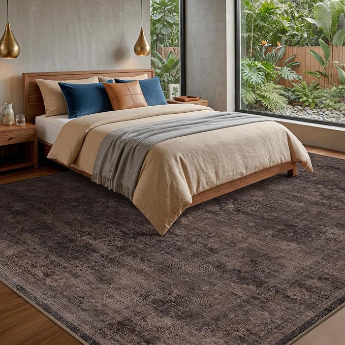 Farmhouse Washable 8x10 Area Rugs for Living Room, Dark Brown with Plum, Rust, and Charcoal Accents Vintage Geometric Rug for Bedroom, Dining Room, Modern Boho Distressed Ultra Soft Low Pile Carpet