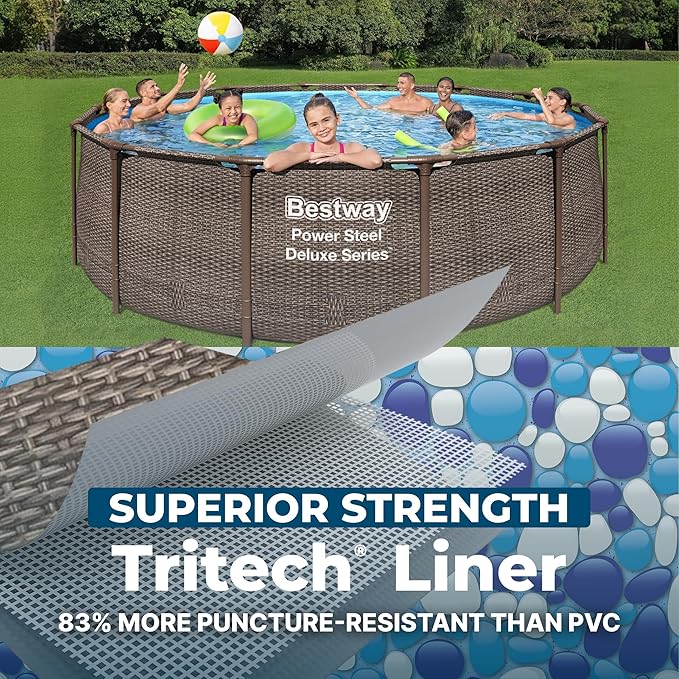 Bestway Power Steel 14’ x 42” Above Ground Swimming Pool Set with Pump | Durable Round Metal Frame Outdoor Backyard Pool - Ladder, Cover, and Type III Filter Cartridge Included, Brown Wicker Print