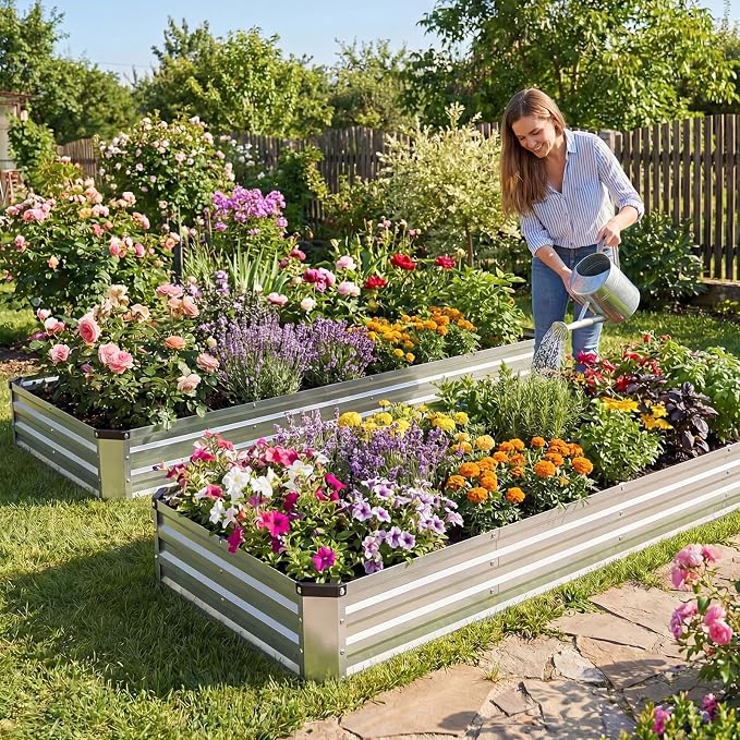 DUMOS Galvanized Raised Garden Bed Outdoor, 8x4x1ft 2 Pack Raised Metal Planter Box, Rust-Resistant Steel Garden Planter, Rectangular Gardening Flower Bed for Vegetables Flowers Herbs, Open Bottom