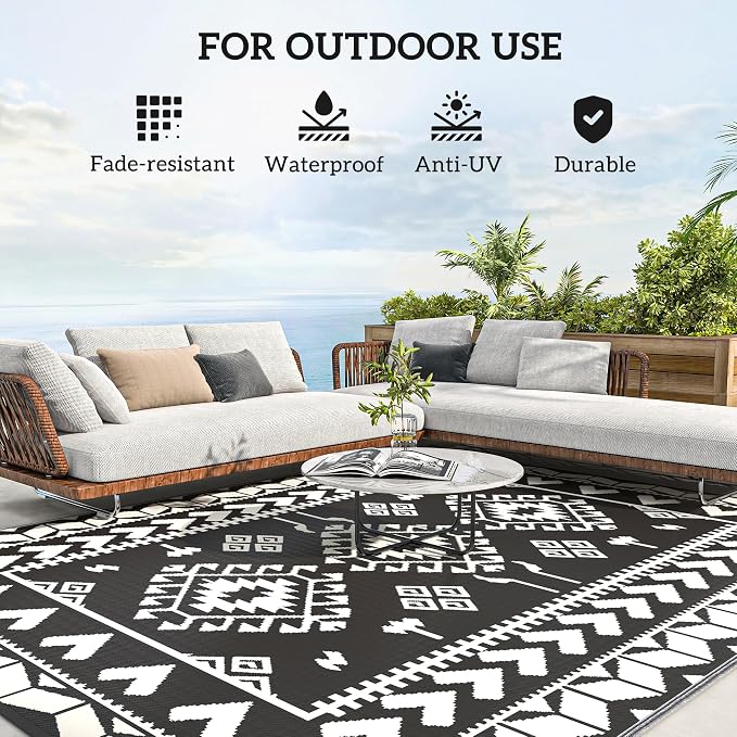 Outsunny Outdoor Rug for Patio, 8' x 10' Waterproof Large Mat, Reversible Plastic Straw Rug for Decor, Portable Outside RV Camping Area Carpet Mat for Backyard Porch Deck Picnic, Black & White Rhombus