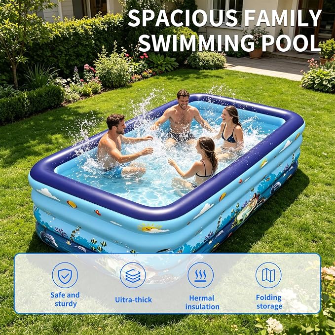 HAIKE Inflatable Pool for Adults and Kids, Summer 4 Layer Thickened Swimming Pool, Rectangle Blow Up Pool for Backyard Garden, Family Full-Sized Kids Pool Outdoor Water Party (47.2"x35.4"x29.5")