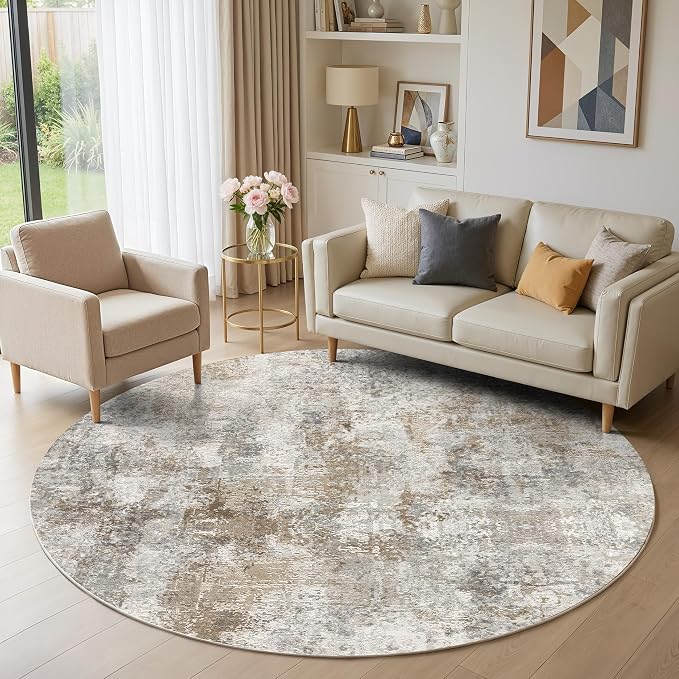 6Ft Round Area Rug Washable Abstract Rugs for Living Room Light Brown/Grey | for Bedroom, Dining Room, Office, Nursery, Soft Neutral, Low Pile Non-Slip, Kid Pet Friendly, Large Indoor Carpet, Home Decor