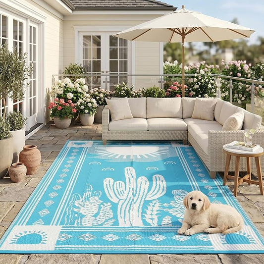 Garvee Waterproof Outdoor Rug 5x8, Cactus Botanical Outdoor Plastic Straw Rug for Camping, Reversible RV Mat Outside, Indoor Outdoor Carpet for Porch, Deck, Backyard, Balcony, Teal Blue