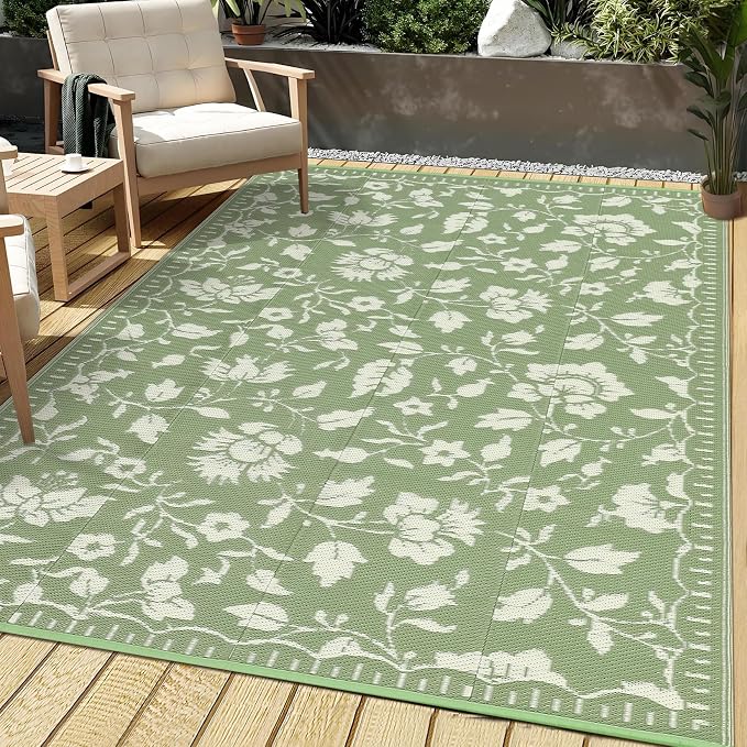 Garvee 6x9 Outdoor Patio Rug, Floral Waterproof Outdoor Rug for Camping with Portable Bag, Vintage Plastic Straw RV Rugs for Outside, Reversible Mats for Picnic Backyard Porch Balcony, Green