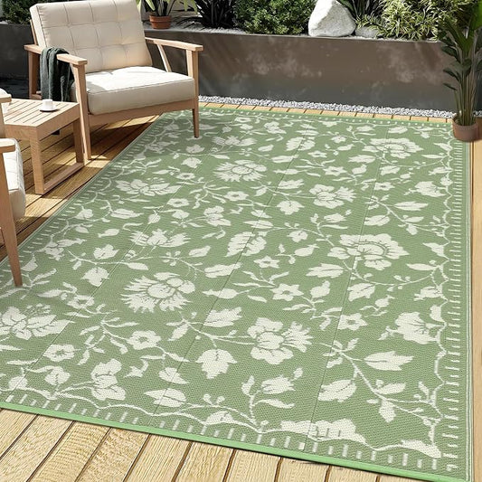Garvee 5x8 Outdoor Patio Rug, Floral Waterproof Outdoor Rug for Camping with Portable Bag, Vintage Plastic Straw RV Rugs for Outside, Reversible Mats for Picnic Backyard Porch Balcony, Green