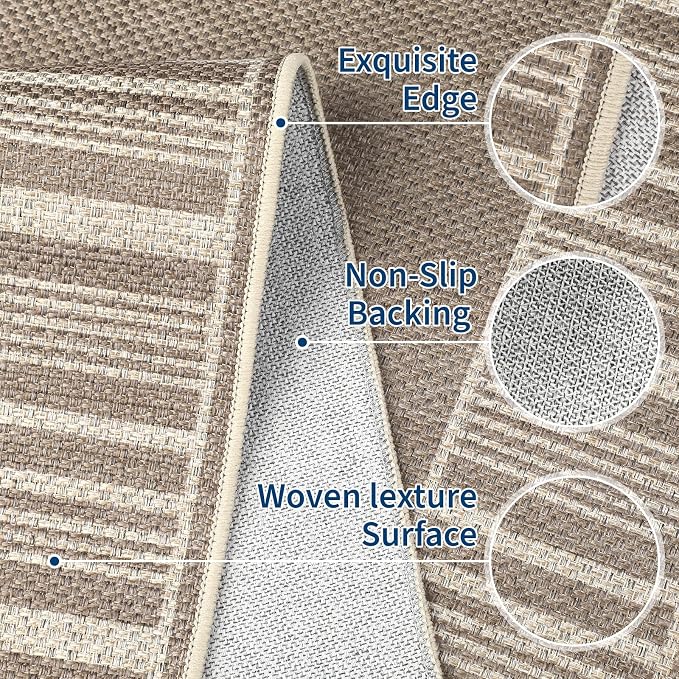 COZYLOOM Indoor Outdoor Rugs 8x10 Easy Jute Washable Area Rug, Beige Brown | Modern Non Slip Neutral Border Non Shedding Stain Resistant Foldable Rug for Living Room Dining Room Bedroom Patio Backyard