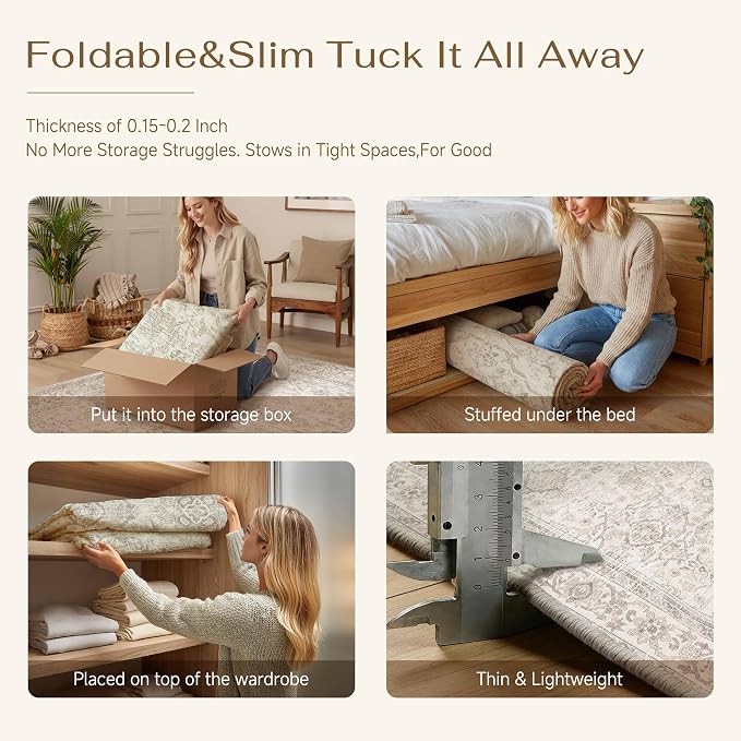 2x6 Runner Rug Hallway Vintage Beige Machine Washable Neutral Floral Low Pile Carpet Vacuumable Thin Long Throw Rug Bedroom Office Bathroom Kitchen Laundry Non Slip Soft Lightweight