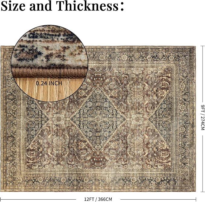 Washable 9x12 Area Rug: Vintage Brown Rugs for Living Room Bedroom Dining Room Office Indoor - Soft Non-Slip Large Carpet Home Decor - Oriental Dark Brown