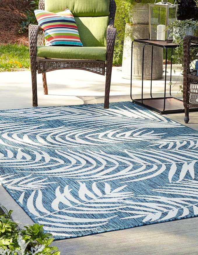 Unique Loom Outdoor Botanical Collection Area Rug - Palm (3' x 5' 1" Rectangle Teal/Ivory)