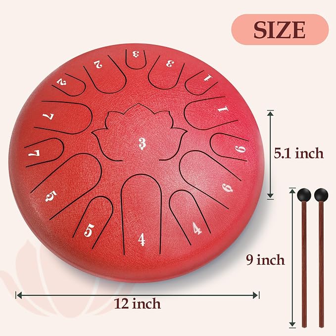 Red Steel Drum - 15 Note 12 Inch Steel Tongue Drum - Handpan Drum Music Book, Rain Drums Mallet, and Carry Bag