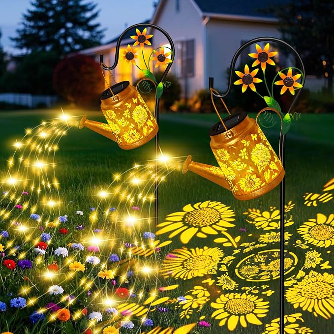 Sunflower Solar Watering Can Lights, Outdoor Waterproof Garden Lanterns with Shepherd Hook, Solar Garden Decor for Yard Outdoor Landscape Pathway, Gift for Women Mom Grandma,Mothers Day Gifts 2 Pack
