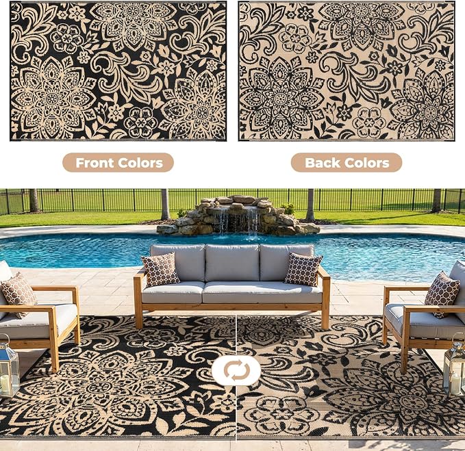 Findosom Waterproof Outdoor Rug 5' x 8' - Reversible Mandala Outdoor Plastic Straw Rug, Durable Foldable Patio Rug for RV, Deck, Balcony, Backyard, Picnic, Porch, Camping, Beach, Black