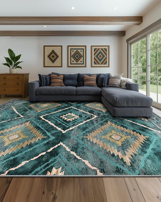 9'x12' Washable Area Rug for Living Room Bedroom Teal/Green | Soft Western No Slip Low Pile Print Foldable Indoor for Kitchen Dining Room