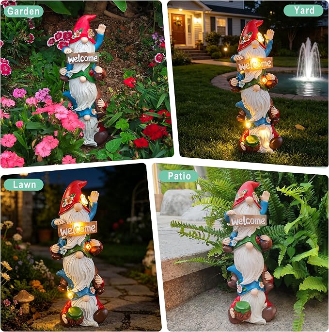 Garden Gnomes Outdoor Decor - Triple Stacked Gnome Statue with Solar Light - Weatherproof Resin Garden Decor for Outside Yard Lawn Patio - Unique Birthday Gift for Women Mom