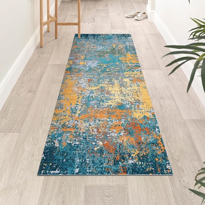 ROYHOME Modern Abstract 2x7 Runner Rug Washable Non Slip, Multi Color | Stain Resistant Rug for Hallway Kitchen Bedroom Non Shedding Low Pile Indoor Floor Cover