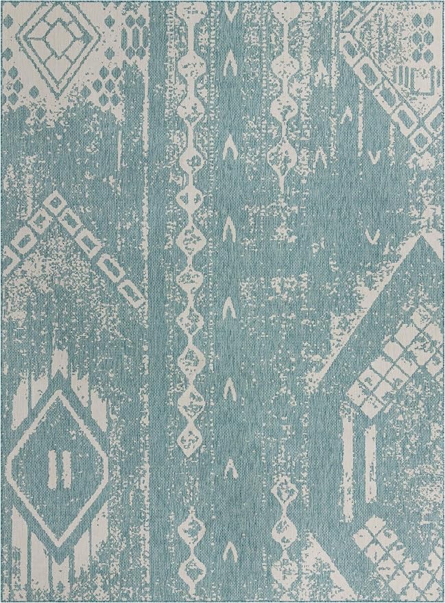 Unique Loom Outdoor Bohemian Collection Area Rug - Anthro (9' 10" x 13' 1" Rectangle, Light Aqua/ Ivory)