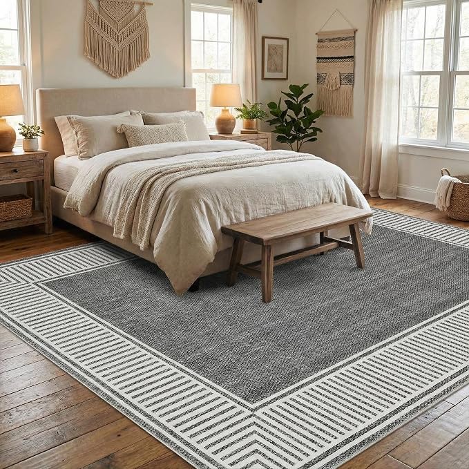 Garvee Bordered Area Rug 5x7 Washable Living Room Rug Non Slip Rugs Grey | Modern Ultra Soft Non-Shedding Floor Cover Low Pile Stain-Resistant Lines Print Throw Carpet for Bedroom Kids Room Dorm