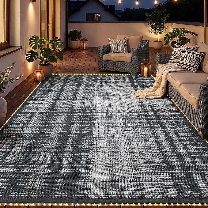 MontVoo Outdoor Rug Waterproof 8x10 ft with Strip Lights Outdoor Patio Rug Mat Reversible Plastic Straw Rug Outside Outdoor Rug for RV Camping Picnic Balcony Backyard