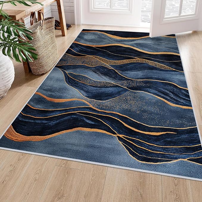 Navy Blue Area Rug Washable 5x7 Abstract Rugs for Living Room Bedroom Modern Gold Non-Slip Soft Floor Large Carpet for Office Entryway Bathroom