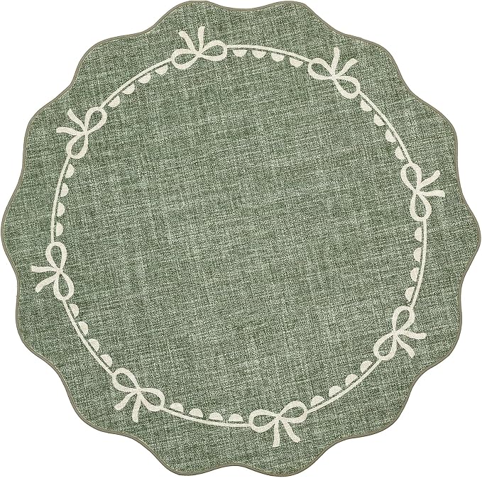 GarveeHome 5ft Round Rugs Washable Scalloped Bow Rug for Bedroom, Green | Non Slip Soft Low Pile Ultra-Thin Stain Resistant Indoor Carpet for Living Room Nursery Girls Dorm Decor Kids Room Playroom