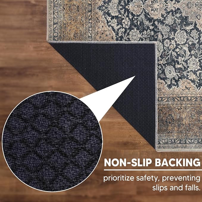 Keen Home Design Vintage Washable Area Rug, Non-Slip Low Pile, 8x10 | Machine Washable Cotton Chenille, 0.25In Low Pile, Rubber Non-Slip Back; Living Room, Bedroom, Dining Room, Office