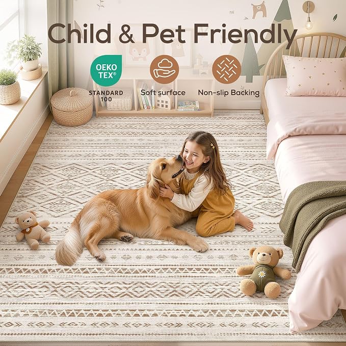 Nakagishi Area Rug Living Room Rugs: 6x9 Large Soft Machine Washable Boho Moroccan FarmNeutral Stain Resistant Indoor Floor Carpet for Bedroom Under Dining Table Home Office Decor-Brown