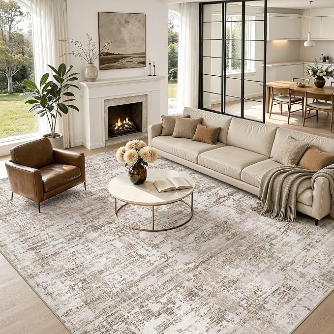 Nakagishi 9X12 Abstract Washable Area Rugs for Living Room-Brown-02 | Modern Non-Slip Silicone Backing Low Pile Soft Carpet for Bedroom Dining Decor Ideal for Families with Kids and Pets
