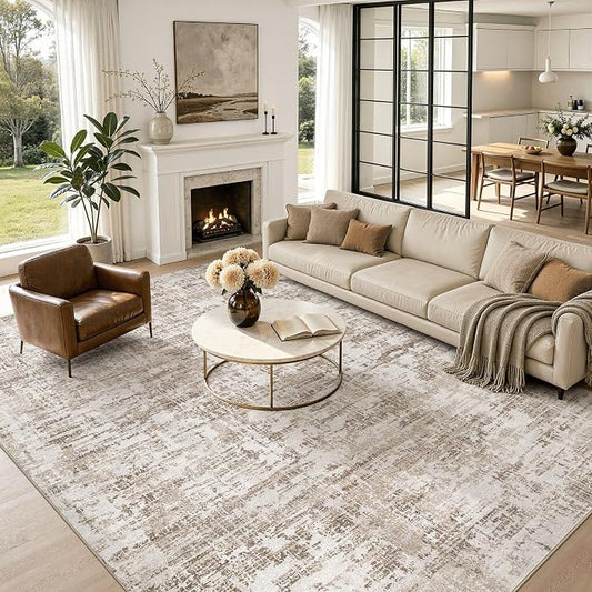 Nakagishi 8X10 Abstract Washable Area Rugs for Living Room-Brown-02 | Modern Non-Slip Silicone Backing Low Pile Soft Carpet for Bedroom Dining Decor Ideal for Families with Kids and Pets