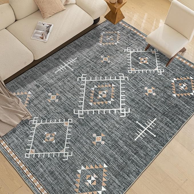 ILANGO Area Rug 8'x10' for Living Room Bedroom Washable Moroccan Boho Rugs for High Traffic Area Non Slip & Non-Shedding Rugs Fade Resistant Carpet for Kitchen Office (Dark Grey)