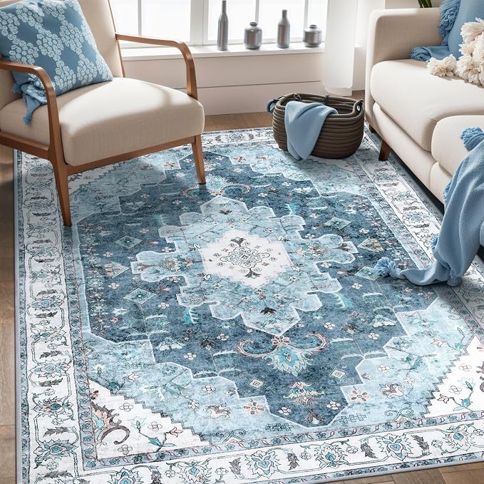 SERISSA 3x5 Washable Non Slip Boho Area Rug for Bedroom | Ultra Soft Vintage Oriental Carpet Low-Pile Distressed Blue Throw Rug Carpet for Living Room Nursery Kitchen Dorm Decor