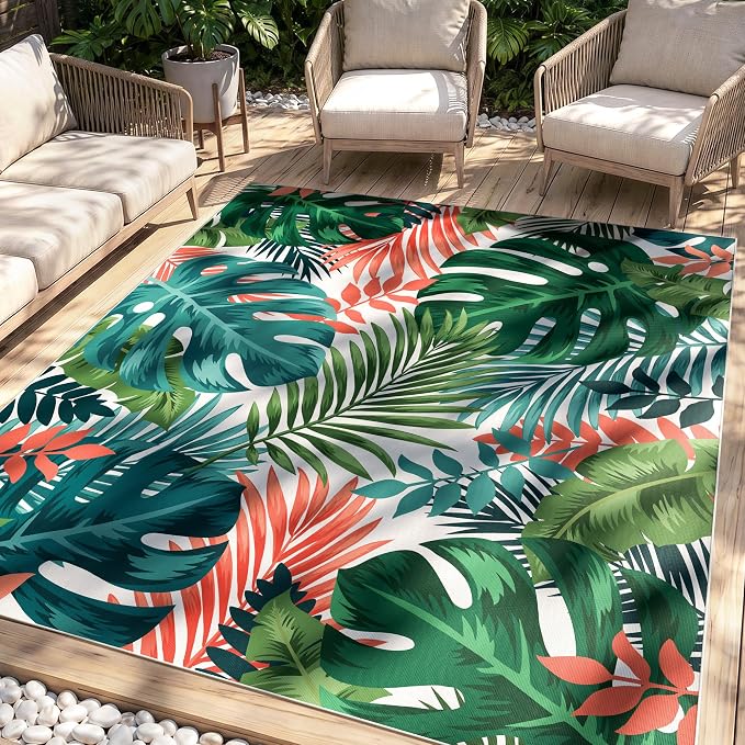 Arenarug 6x9 Monstera Tropical Outdoor Rug – Waterproof Non-Slip Machine Washable Patio Rug, UV & Stain Resistant Outdoor Carpet for Patio Deck Balcony Backyard, Teal