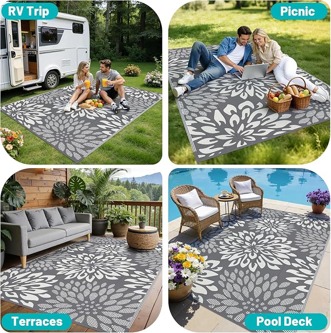 HEBE Waterproof Outdoor Rug 5x8 for Patios, Floral Reversible Plastic Straw Rug Patio Mat, Indoor Outdoor Carpet RV Mat Camping Rug for Deck, Camper, Porch, Balcony, Backyard, Picnic