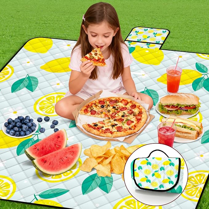 Extra Large Picnic Blanket Waterproof,80"x 80"Foldable Machine Washable Beach Blankets,Outdoor Blanket for 6-8 Adults,Picnic Mat Suitable for Indoor Crawling,Park Beach,Camping,Hiking,Travel(Lemon)