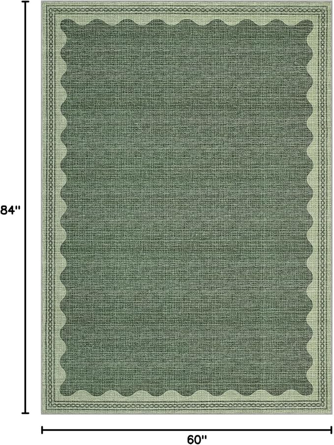 5x7 Scalloped Area Rugs Green Washable Living Room Bedroom Rug | Solid Tan Rug for Bedroom Girls, Non Slip Throw Carpet With Rubber Back, Soft Dorm Nursery Scalloped Rugs for Dining Room