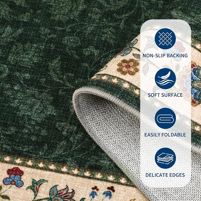 Garvee 5x7 Area Rugs Vintage Floral Washable Rugs Living Room | Green Boho Border Area Rug Stain Resistant Easy Cleaning Throw Rugs Non Shedding Low Pile Floor Cover for Nursery Dining Room