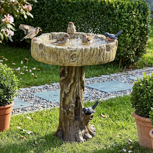 SKYFIRE Bird Baths for Outdoor - 24.4" Tall Pedestal Birdbath with Bird, Fibre Reinforced Concrete with Woodland Tree Trunk Décor Modern and Durable,Bird Bath for Outside, Garden, Patio,Lawn,Backyard