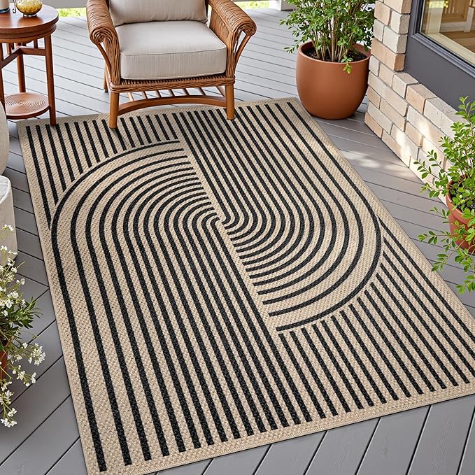 Tangsoo Easy Jute 3x5 Outdoor Rug for Living Room,Non-Slip Thin Black Rainbow Indoor Area Rug,Washable Boho Farmhouse Carpet for Front Porch Bedroom Patio Office Entryway Balcony